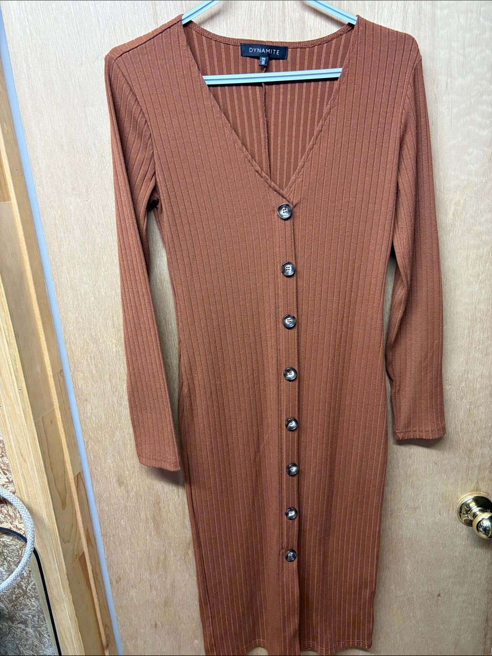 Dynamite Copper Ribbed Button-Down Midi Dress